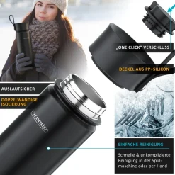 Arendo Thermoflasche 0,5 l, Edelstahl Isolierflasche, BPA-frei, für unterwegs, geschmacksneutral, hält kalt & warm