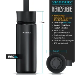 Arendo Thermoflasche 0,5 l, Edelstahl Isolierflasche, BPA-frei, für unterwegs, geschmacksneutral, hält kalt & warm