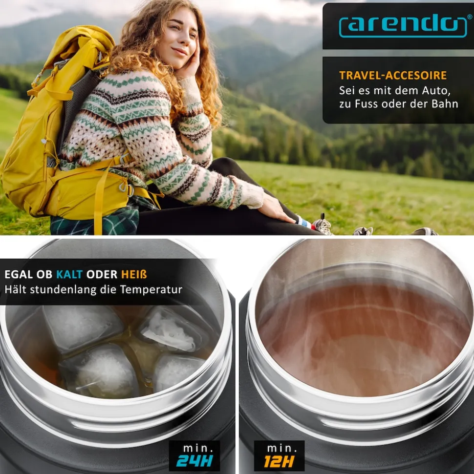 Arendo Thermoflasche 0,5 l, Edelstahl Isolierflasche, BPA-frei, für unterwegs, geschmacksneutral, hält kalt & warm