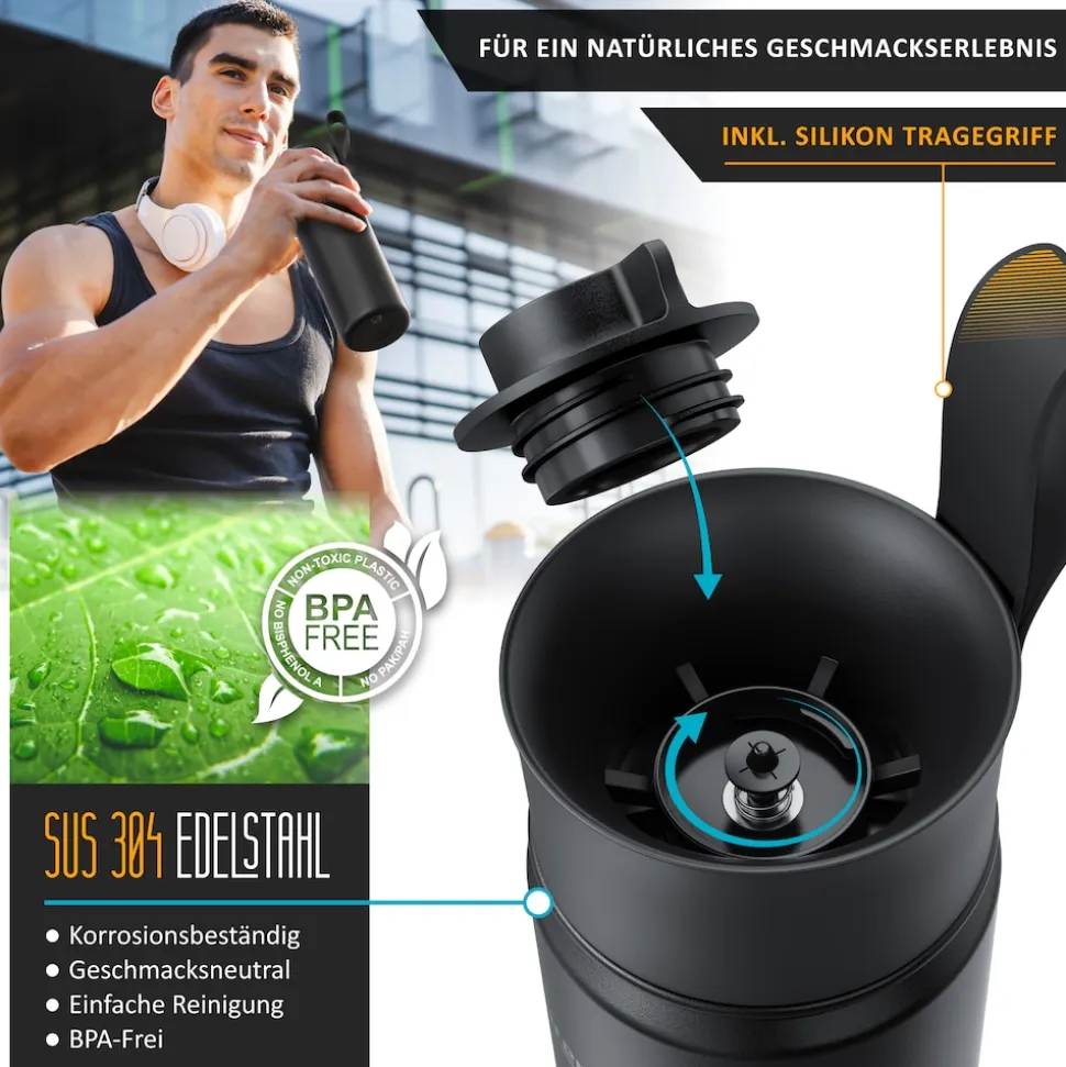 Arendo Thermoflasche 0,5 l, Edelstahl Isolierflasche, BPA-frei, für unterwegs, geschmacksneutral, hält kalt & warm