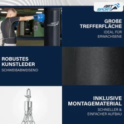 ArtSport Boxsack 30kg gefüllt, Box Set mit Stahlkette & Karabinerhaken für Erwachsene Schwarz
