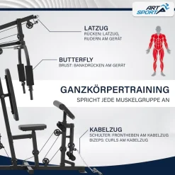 ArtSport Kraftstation ProfiGym 3000 mit 14 Gewichten, 77 kg - Bizeps, Lattzug, Butterfly - Schwarz