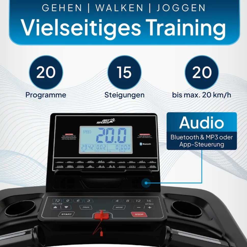 ArtSport Laufband Speedrunner 6000, 20 km/h elektrisch, klappbar mit App & MP3 – Schwarz