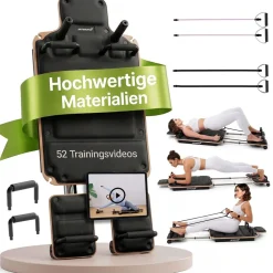 ARTSPORT® Pilates Reformer Board Movea in Schwarz - Ganzkörper-Fitnessgerät mit 6 Trainingsbändern, Mini Reformer inkl. 52 x Trainingsvideos
