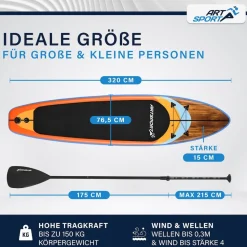 ArtSport Stand Up Paddle Board Beach Rocker – Aufblasbares SUP Board Set bis 150 kg - Weiß & Bunt