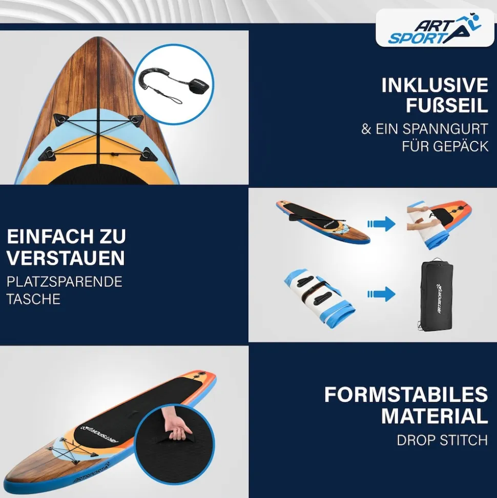 ArtSport Stand Up Paddle Board Beach Rocker – Aufblasbares SUP Board Set bis 150 kg - Weiß & Bunt