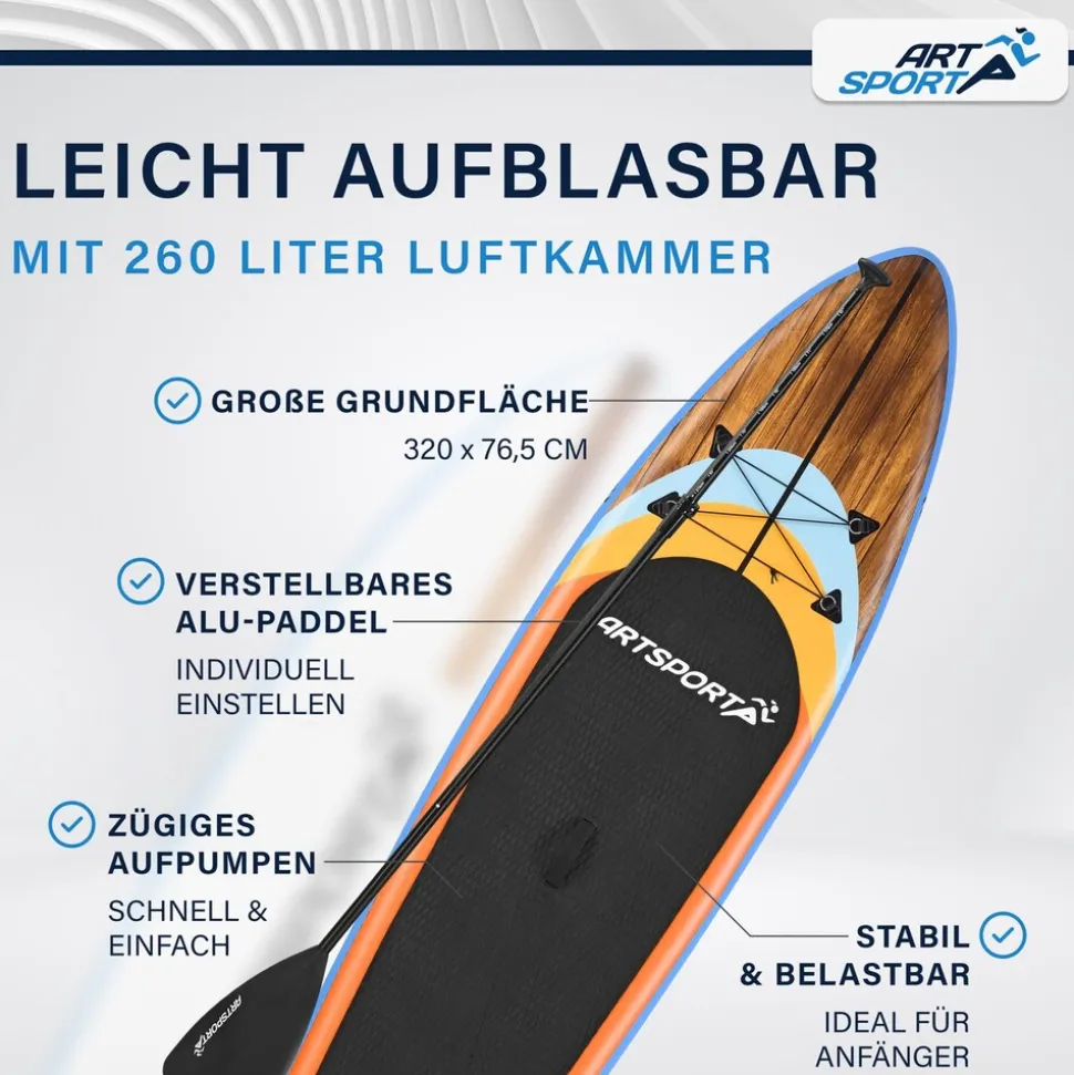 ArtSport Stand Up Paddle Board Beach Rocker – Aufblasbares SUP Board Set bis 150 kg - Weiß & Bunt