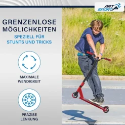 ArtSport Stunt Scooter Red Smoke - Trick Roller für Kinder & Jugendliche - Tretroller Rot Schwarz