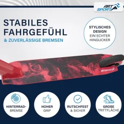 ArtSport Stunt Scooter Red Smoke - Trick Roller für Kinder & Jugendliche - Tretroller Rot Schwarz