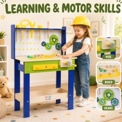 Baby Vivo Spielwerkbank / Werkbank für Kinder aus Holz - Luigi mit drehbaren Zahnrädern und 29 Teilen Zubehör
