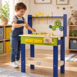 Baby Vivo Spielwerkbank / Werkbank für Kinder aus Holz - Luigi mit drehbaren Zahnrädern und 29 Teilen Zubehör