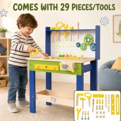 Baby Vivo Spielwerkbank / Werkbank für Kinder aus Holz - Luigi mit drehbaren Zahnrädern und 29 Teilen Zubehör