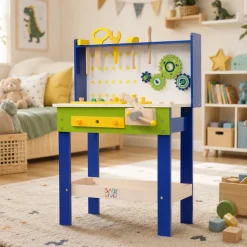 Baby Vivo Spielwerkbank / Werkbank für Kinder aus Holz - Luigi mit drehbaren Zahnrädern und 29 Teilen Zubehör
