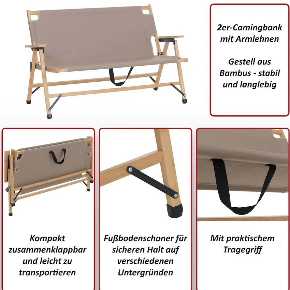 Bambus Campingbank MCW-Q40, Outdoorbank Picknickbank Gartenbank, klappbar Tragegriff Stoff/Textil 117cm ~ schwarz