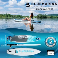 Bluemarina SUP Board Mapuna Sport, Kickpad, Double Layer, Paddel, Pumpe, Rucksack, 5J Garantie