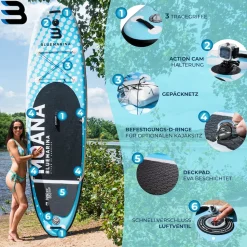 Bluemarina SUP Board Moana, aufblasbar mit Doppelkolben-Pumpe, Paddel, Rucksack, 5J Garantie (Classic 2.0, 325x86x15cm / 10'8