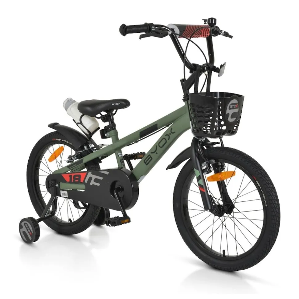 Byox Kinderfahrrad Challenge 18 Zoll Frontkorb Flasche Stützräder ab 5 Jahre grün