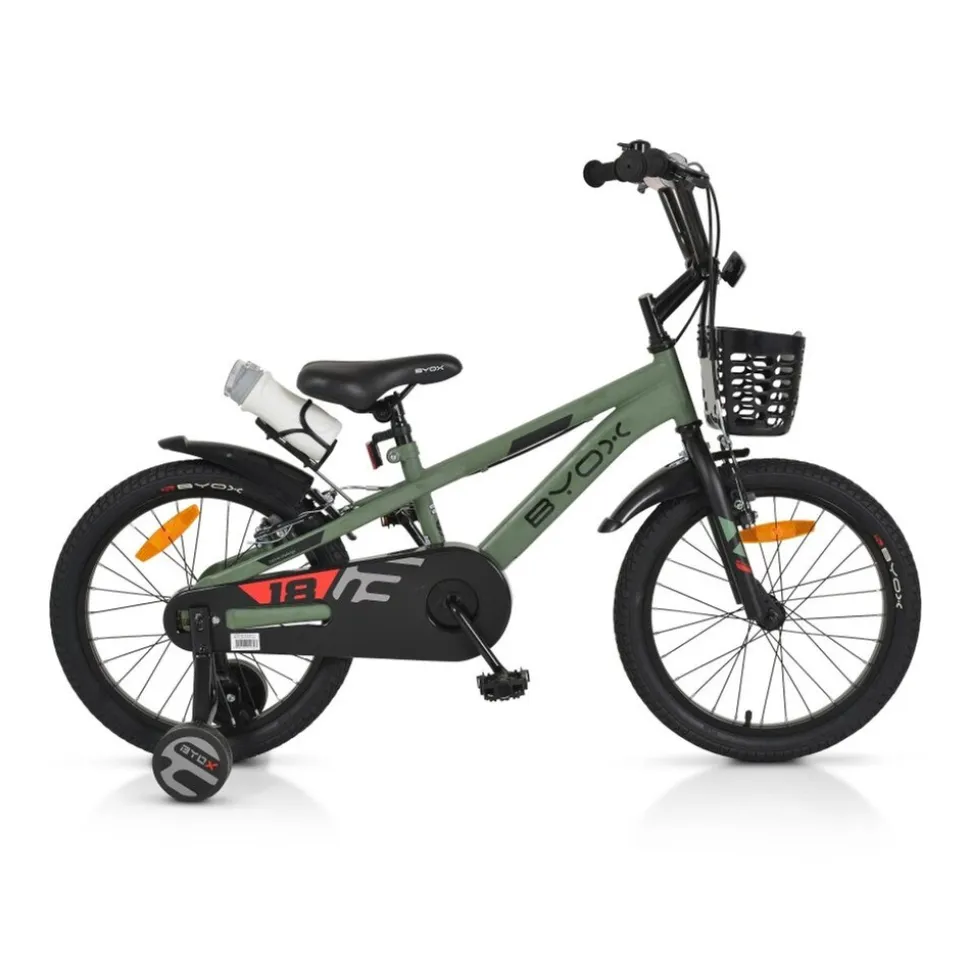 Byox Kinderfahrrad Challenge 18 Zoll Frontkorb Flasche Stützräder ab 5 Jahre grün