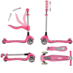 Byox Kinderroller Kiki 2 in 1, Höhe einstellbar, 4 blinkende PU-Räder, klappbar rosa