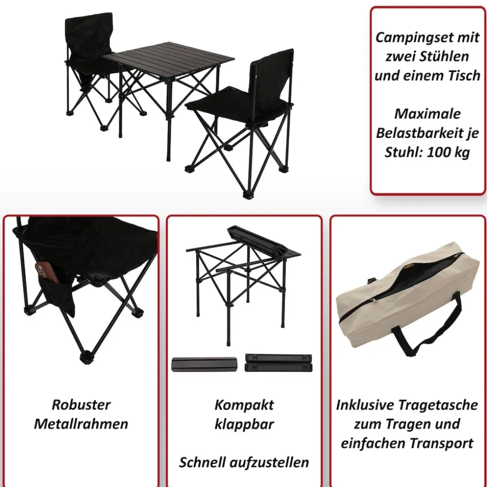 Campingset MCW-N50, Tisch 2x Stuhl Klappstuhl Anglerstuhl faltbar, Metall ~ weiß