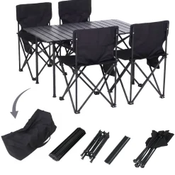 Campingset MCW-Q39, Tisch 4x Stuhl Klappstuhl Anglerstuhl faltbar, Metall Stoff ~ schwarz