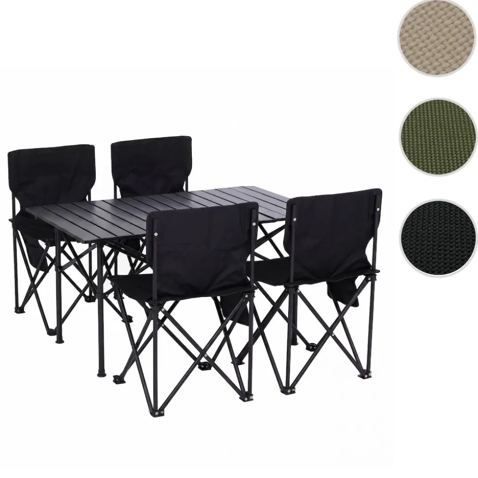 Campingset MCW-Q39, Tisch 4x Stuhl Klappstuhl Anglerstuhl faltbar, Metall Stoff ~ schwarz