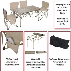 Campingset MCW-Q39, Tisch 4x Stuhl Klappstuhl Anglerstuhl faltbar, Metall Stoff ~ schwarz