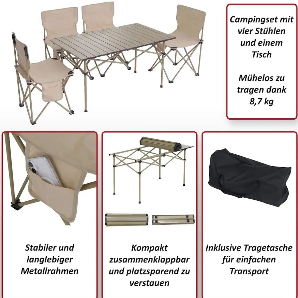 Campingset MCW-Q39, Tisch 4x Stuhl Klappstuhl Anglerstuhl faltbar, Metall Stoff ~ schwarz