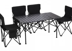 Campingset MCW-Q39, Tisch 4x Stuhl Klappstuhl Anglerstuhl faltbar, Metall Stoff ~ schwarz