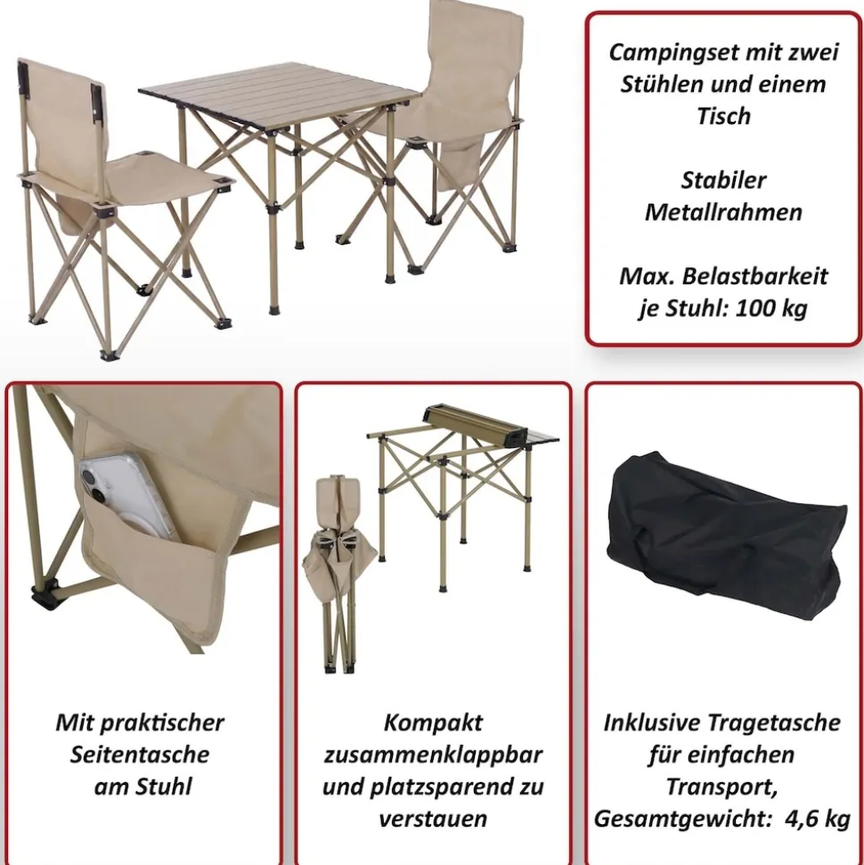 Campingset MCW-Q39, Tisch 2x Stuhl Klappstuhl Anglerstuhl faltbar, Metall Stoff ~ schwarz