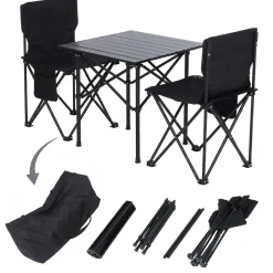 Campingset MCW-Q39, Tisch 2x Stuhl Klappstuhl Anglerstuhl faltbar, Metall Stoff ~ schwarz