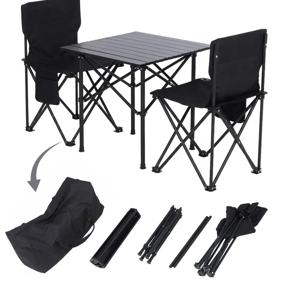 Campingset MCW-Q39, Tisch 2x Stuhl Klappstuhl Anglerstuhl faltbar, Metall Stoff ~ schwarz