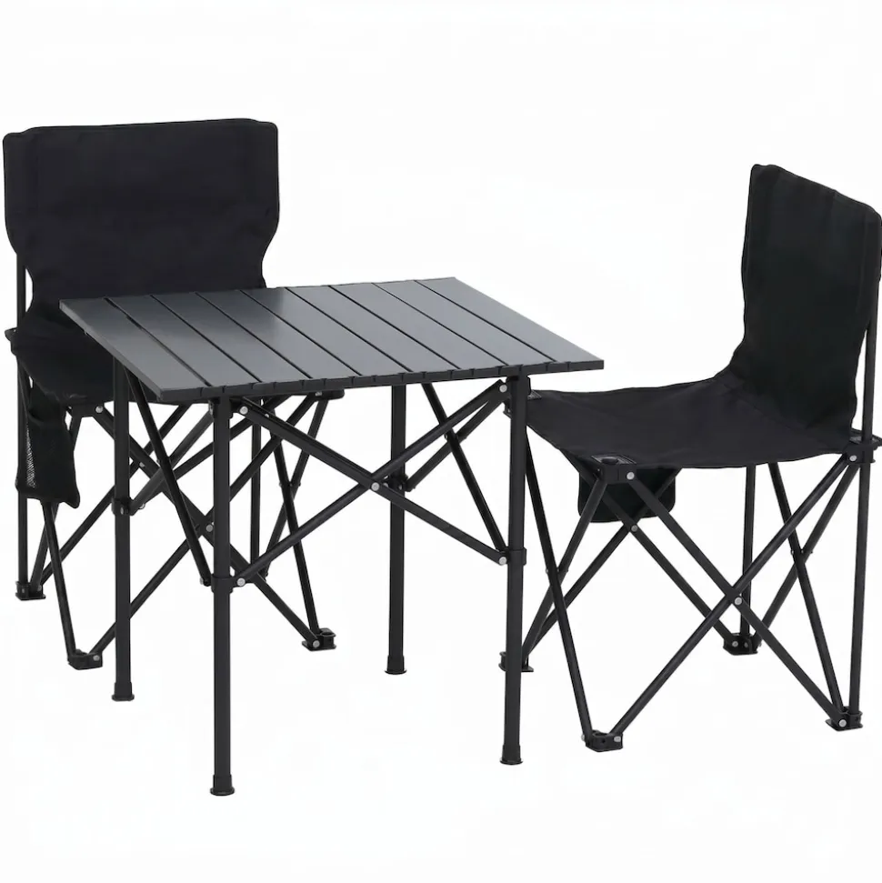 Campingset MCW-Q39, Tisch 2x Stuhl Klappstuhl Anglerstuhl faltbar, Metall Stoff ~ schwarz