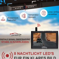 CARMATRIX Funk Rückfahrkamera Digital im Nummernschildhalter mit 4,3" Monitor Nachtsicht LED's ( ohne Solar )