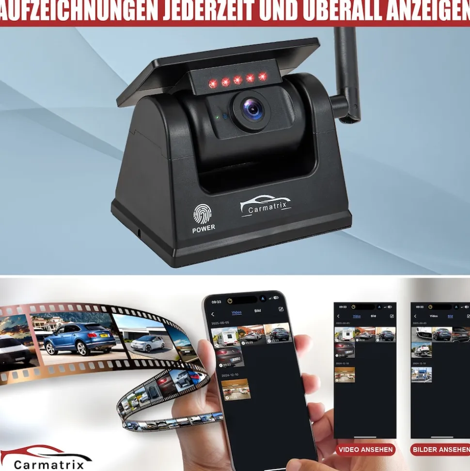 CARMATRIX Funk WLAN Solar Rückfahrkamera mit Magnet KI Personenerkennung mit APP