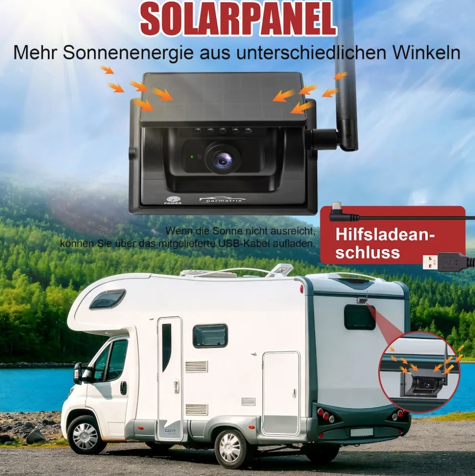 CARMATRIX Funk WLAN Solar Rückfahrkamera mit Magnet KI Personenerkennung mit APP