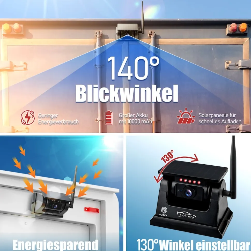 CARMATRIX Funk WLAN Solar Rückfahrkamera mit Magnet KI Personenerkennung mit APP