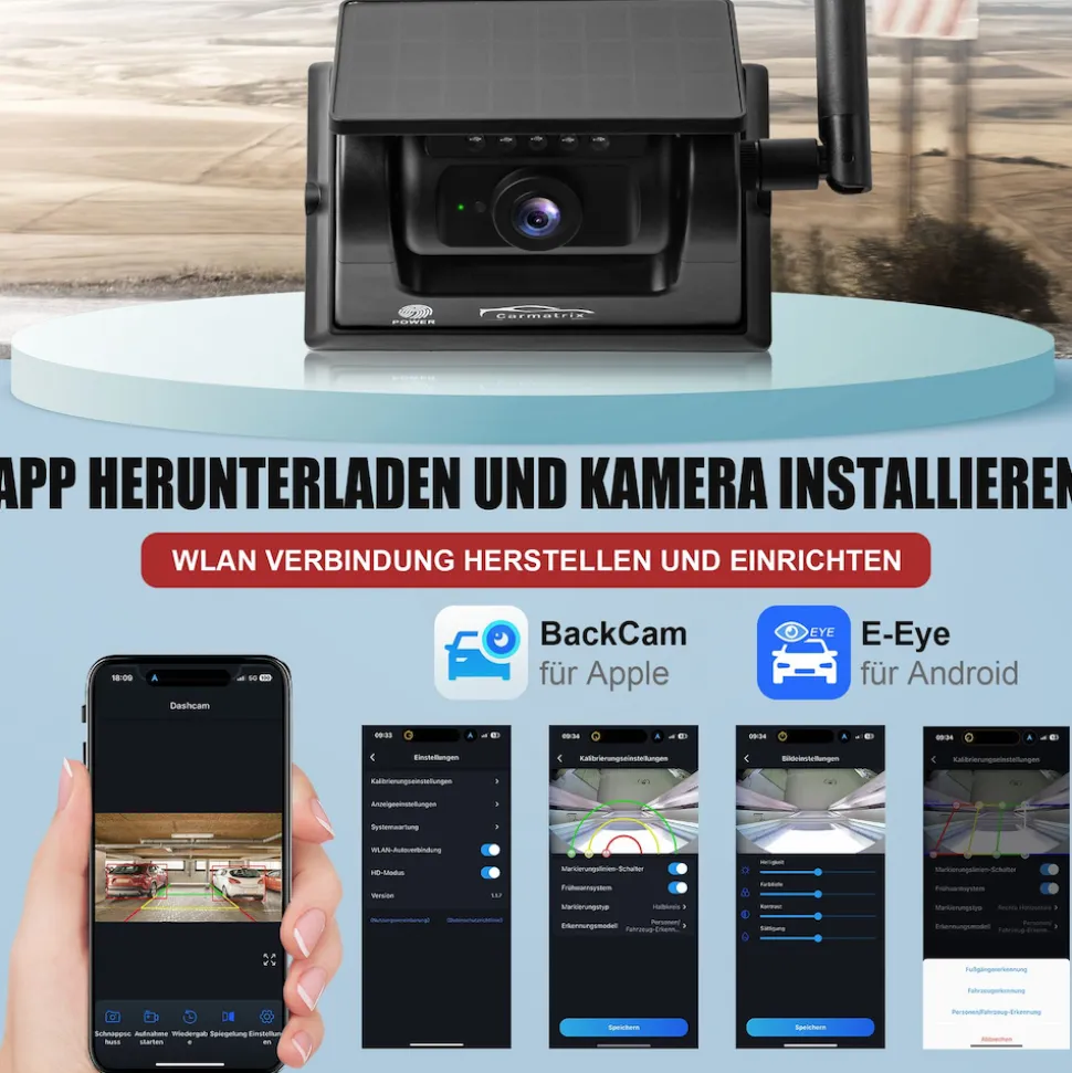 CARMATRIX Funk WLAN Solar Rückfahrkamera mit Magnet KI Personenerkennung mit APP