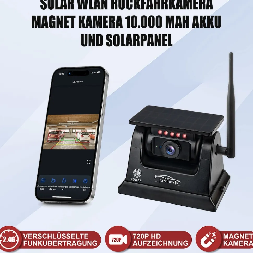 CARMATRIX Funk WLAN Solar Rückfahrkamera mit Magnet KI Personenerkennung mit APP