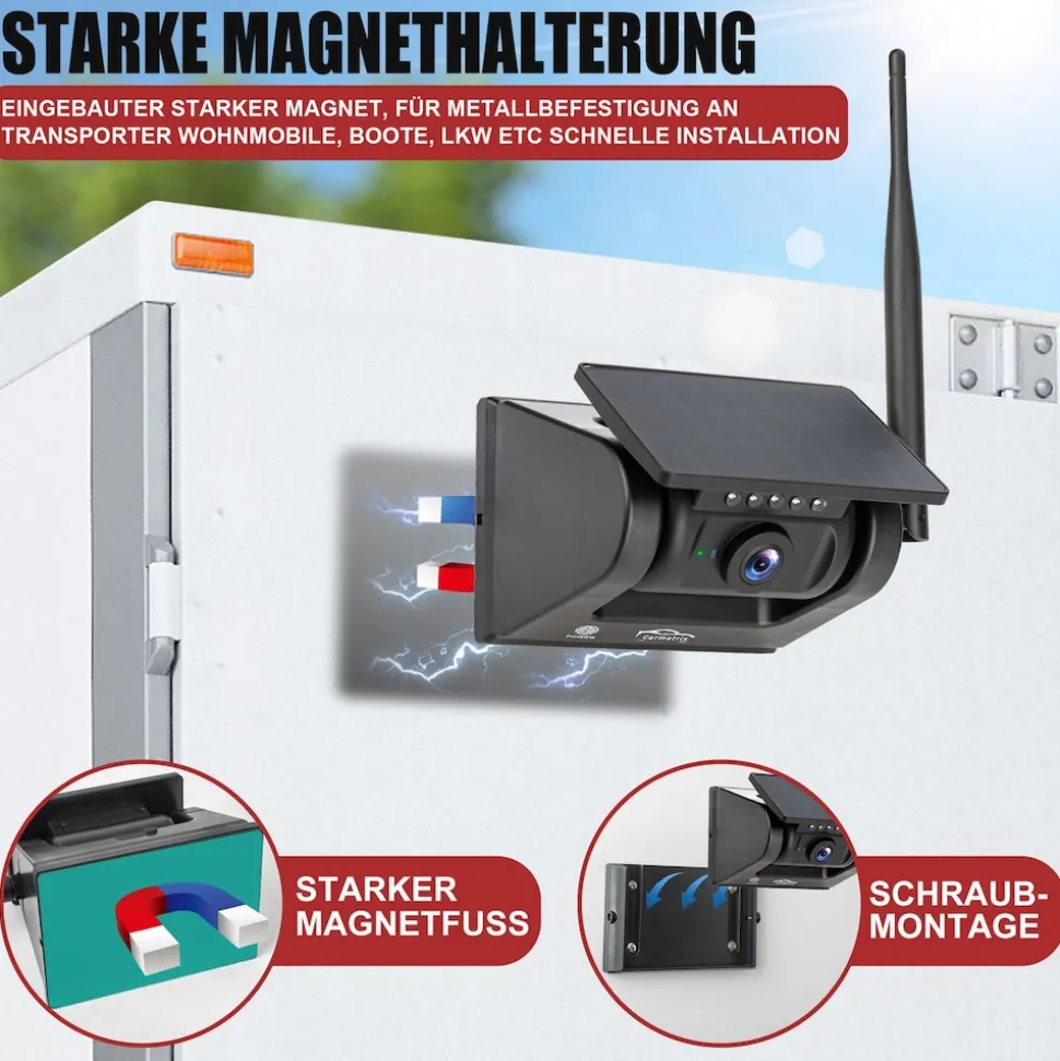 CARMATRIX Funk WLAN Solar Rückfahrkamera mit Magnet KI Personenerkennung mit APP
