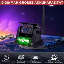 CARMATRIX Funk WLAN Solar Rückfahrkamera mit Magnet KI Personenerkennung mit APP