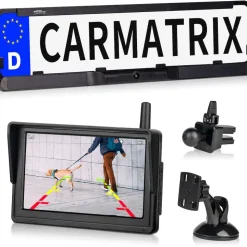 CARMATRIX HD Solar Funk Rückfahrkamera mit 5" Monitor Nummernschildkamera mit Solarpanel für vorne oder hinten