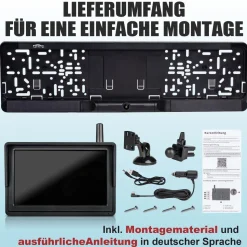 CARMATRIX HD Solar Funk Rückfahrkamera mit 5" Monitor Nummernschildkamera mit Solarpanel für vorne oder hinten