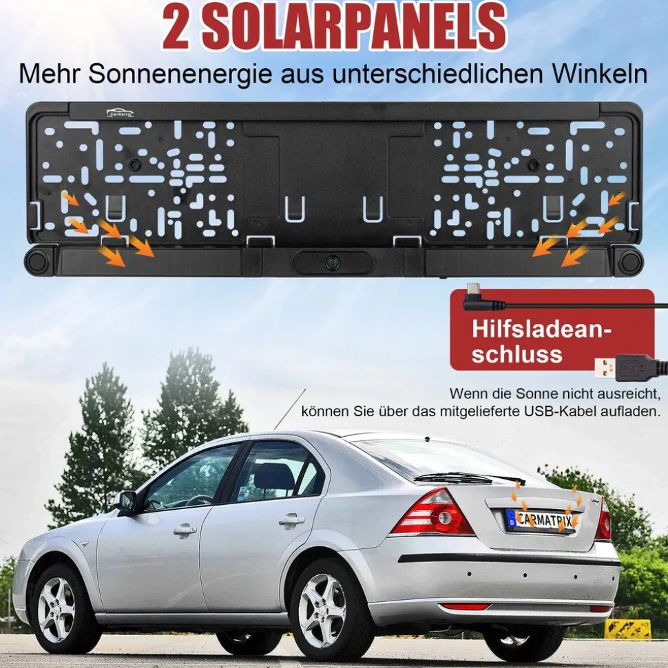 CARMATRIX Solar Funk Rückfahrsystem HD Rückfahrkamera im Nummernschild mit 2 PDC Sensoren Solarpanel