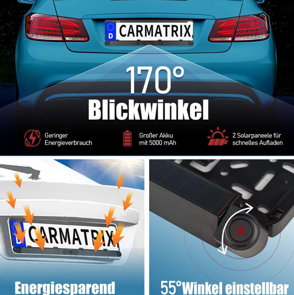 CARMATRIX Solar Funk Rückfahrsystem HD Rückfahrkamera im Nummernschild mit 2 PDC Sensoren Solarpanel