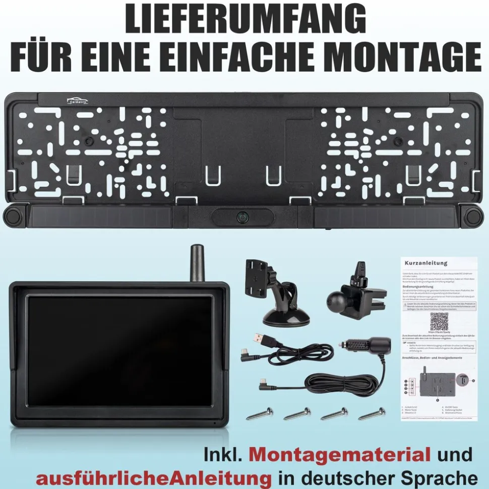 CARMATRIX Solar Funk Rückfahrsystem HD Rückfahrkamera im Nummernschild mit 2 PDC Sensoren Solarpanel