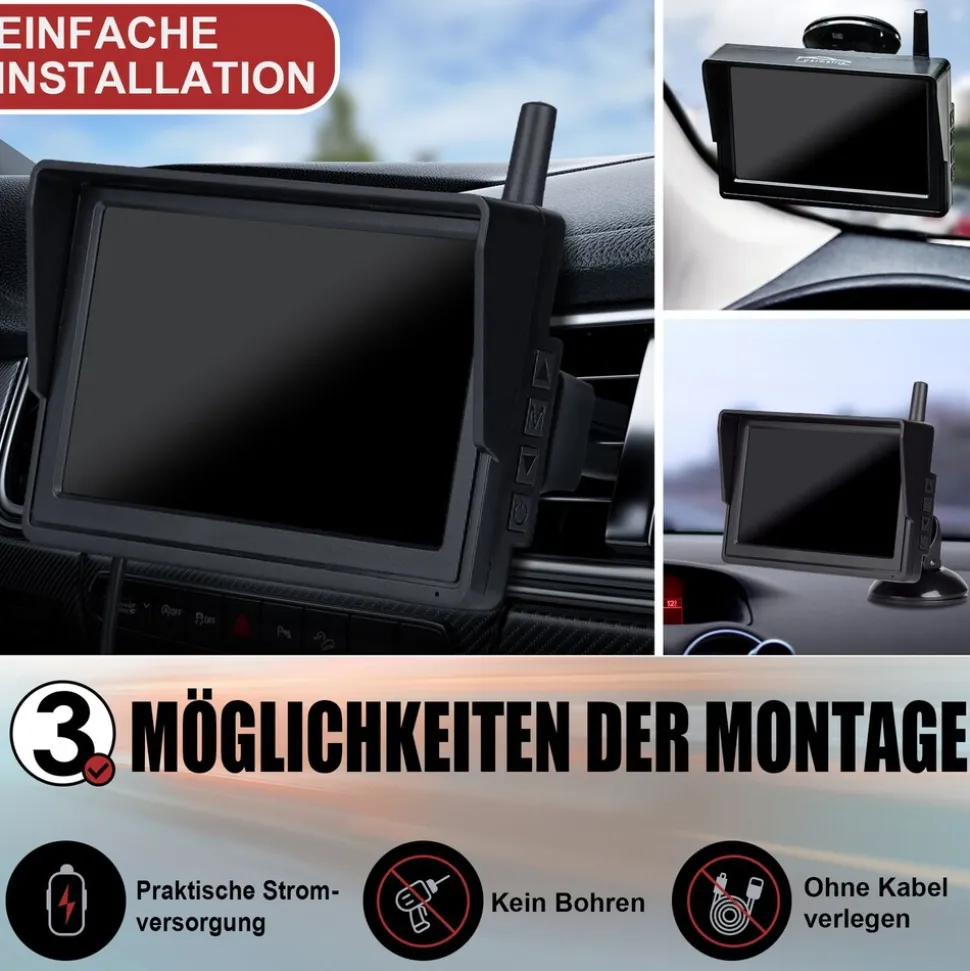 CARMATRIX Solar Funk Rückfahrsystem HD Rückfahrkamera im Nummernschild mit 2 PDC Sensoren Solarpanel