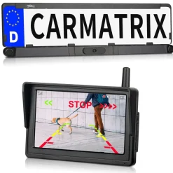 CARMATRIX Solar Funk Rückfahrsystem HD Rückfahrkamera im Nummernschild mit 2 PDC Sensoren Solarpanel