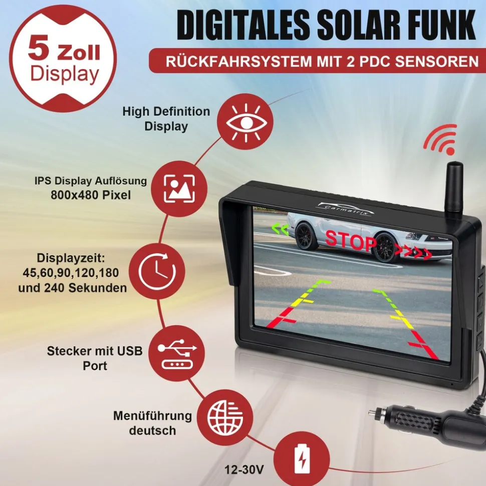 CARMATRIX Solar Funk Rückfahrsystem HD Rückfahrkamera im Nummernschild mit 2 PDC Sensoren Solarpanel