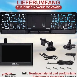 CARMATRIX Solar Funk Rückfahrkamera im Kennzeichen mit Monitor Rückfahrsystem Auto